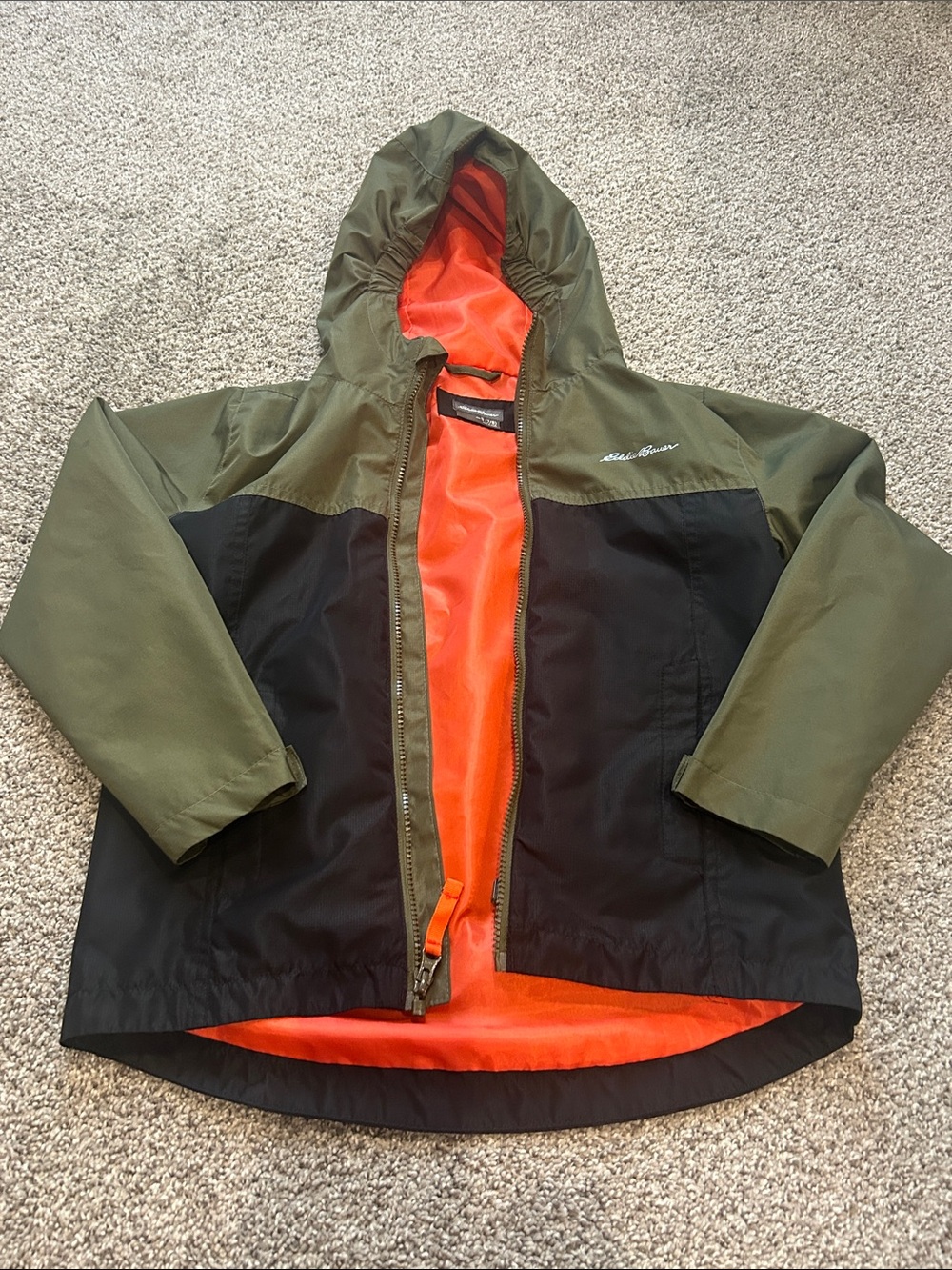 Kids Eddie Bauer 2-Tone Olive & Black Waterproof Jacket with Orange Lining